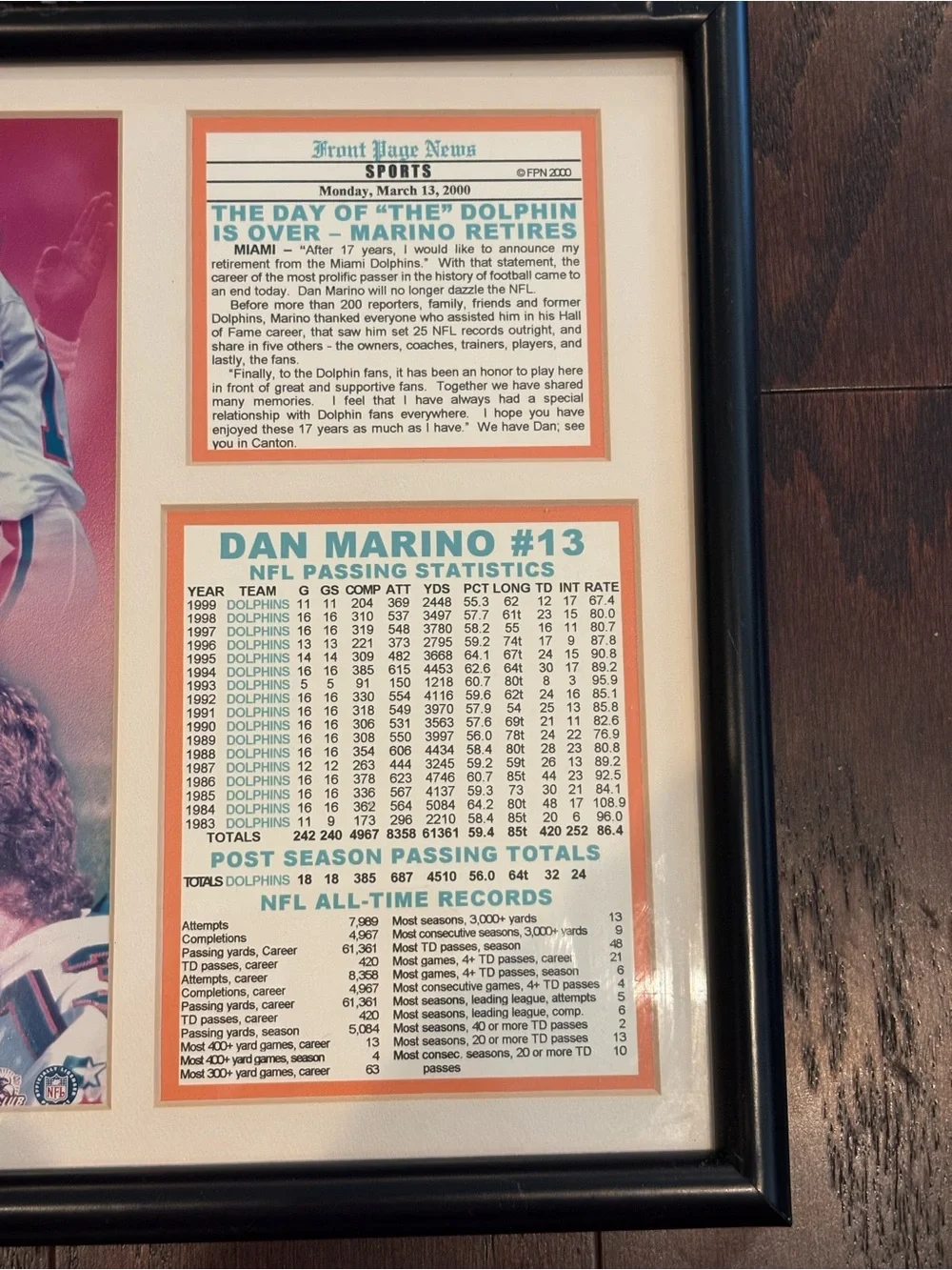 Dan Marino Miami Dolphins Framed Statistics Collectible Memorabilia 15 x 12 Inch
